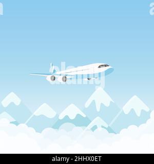 Vol en avion, avion aérien survolant des montagnes dans le ciel bleu illustration du vecteur.Cartoon affréter un avion avec des passagers ou le transport de fret Illustration de Vecteur