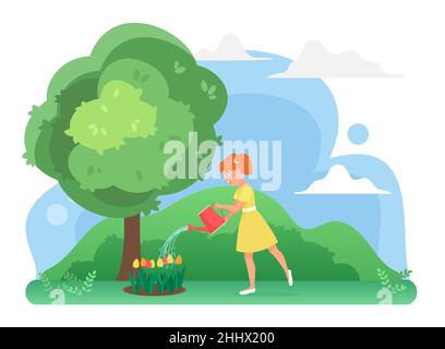 Fille arrosage fleurs dans le jardin de ferme, culture de tulipes plantes illustration vectorielle.Dessin animé heureux mignon enfant jardinier personnage plantation, soin nature env Illustration de Vecteur