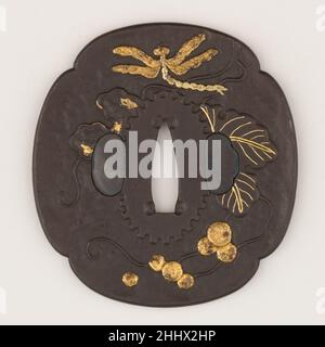 SWORD Guard (Tsupa) avec le motif de Dragonfly dans Grapevine (葡萄に勝虫図鐔) probablement 18th–19th siècle japonais l'obverse de cette tsupa montre vers le haut une libellule (kachimushi) qui est eniaved en or.La surface est finie avec des hammerbrews et montre de la vigne, avec les nervures d'une feuille de l'arrière étant incrustées en or.Sur les autres feuilles, les veines sont sculptées dans le kebori, mais tous les raisins, sur l'arrière comme sur l'arrière, sont dorés.Le contour du siège de la rondelle (seppa-dai) a une forme de roue d'engrenage peu commune.Garde au sabre (Tsupa) avec le motif de Dragonfly en Grapevine (葡萄 Banque D'Images