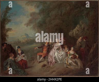Concert Champatre ca.1734 Jean-Baptiste Joseph Pater Français ce paysage pastel délicat avec des figures élégantes illustre ce que Pater a déclaré: Qu'il devait tout à Watteau.Les robes pour femmes sont plus ou moins contemporaines, tandis que la veste courte, le ruff, et les rubans de chaussure de l'homme avec le bâton de marche rappellent les costumes pour le théâtre.Le putti de marbre avec un dauphin doit faire partie d'une fontaine cachée en caoutchouc.Ils soulignent la nature ludique du sujet.La peinture est l'une d'une paire.La suspension, signée et datée de 1734, se trouve dans le Museo Thyssen-Bornemisza, Madrid. Banque D'Images