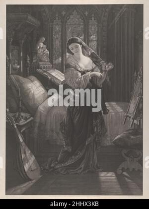 Madeline après prière (de John Keats, la veille de Saint-Agnes, stanza XIX, lignes 4-5) 1 juillet 1871 après Daniel Maclise Irish un peintre accompli d'histoire et de théâtre, Maclise est venu près des pré-Raphaël tard dans sa carrière, quand il a peint Madeline après prière (1868;Guildhall Art Gallery, Londres), inspiré par la veille de St. Agnes de John Keats.Madeline se prépare au lit, espérant rêver d'un futur mari.La gravure de Blanchard contraste la beauté de la jeune fille au clair de lune avec la pièce profondément ombraquée.Le poème nous dit qu'elle est regardée par un suiteur caché: Porphyro s'est évanouis: Elle kne Banque D'Images