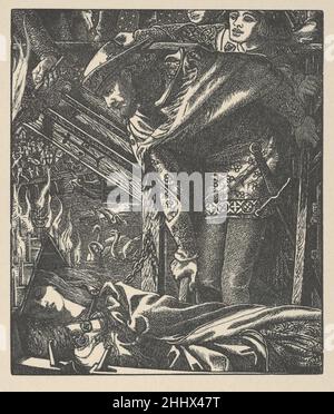 La Dame de Shalott (de Tennysonn's Poems, New York, 1903) 1857–1903 après Dante Gabriel Rossetti les 1857 illustrations de Tennyson, républiées ici en 1903, intègrent des effets surprenants dérivés de l'art médiéval et du début de la Renaissance. L'espace s'effondre, les formes sont coupées et les détails narratifs sont insérés sans se préoccuper de la perspective conventionnelle.La Dame de Shalott est une scène de nuit dramatisée par des bougies enflammées et située sur la rivière au-dessous de Camelot.Rossetti a critiqué les graveurs et a insisté sur de nombreux changements, retardant la publication.La Dame de Shalott (du po de Tennyson Banque D'Images