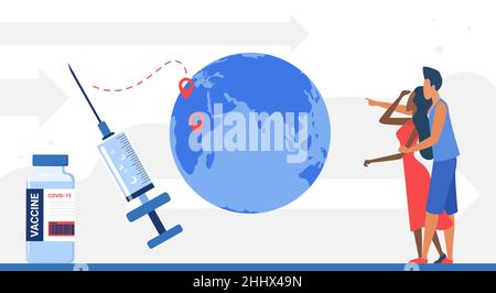 Vaccination mondiale pour protéger le monde contre le virus, arrêter la médecine du coronavirus concept illustration du vecteur.Flacon médical de vaccin de dessin animé, grande seringue Illustration de Vecteur