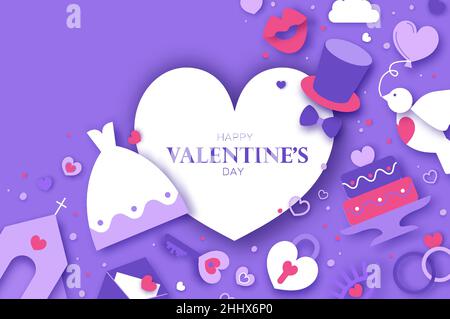 Jour de mariage. Calendrier du mariage. Église, je le fais, toast. Danse. Bonne Saint-Valentin papier style artisanal. Joyeuses fêtes et lune de miel. Papier à cadre en forme de cœur Illustration de Vecteur