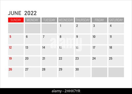 Calendrier de juin 2022.Illustration vectorielle d'un calendrier pour juin 2022.Modèle de vecteur de calendrier de table de mur.Modèle de calendrier mural de juin 2022. Illustration de Vecteur