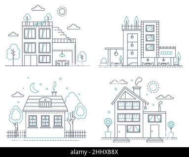 Maison américaine de banlieue en ligne fine avec arbres. Illustration vectorielle pour infographie, conception Web et interfaces d'application Illustration de Vecteur