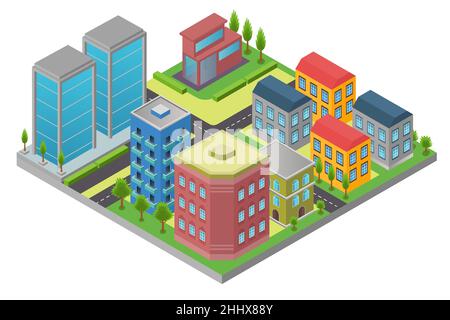 Design en isométrie de l'élément de ville avec route et bâtiment moderne dans le quartier isolé sur fond blanc Illustration de Vecteur