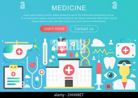 Bannière de modèle de médecine de couleur à gradient plat et tendance Vector avec icônes et texte Illustration de Vecteur