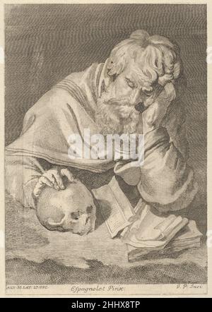 Un saint assis à une table avec sa main droite reposant sur un crâne, d'un portfolio de reproductions de la Galerie impériale des peintures de Vienne; plaque 33 de la série 1728 Anton Joseph von Prenner Austrian.Un saint assis à une table avec sa main droite reposant sur un crâne, d'un portfolio de reproductions de la Galerie impériale de peintures de Vienne; planche 33 de la série 650975 Banque D'Images