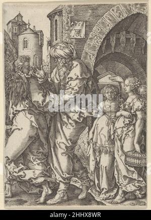 Lot et sa famille fuyant de Sodome, de l'histoire du lot 1555 Heinrich Aldégraver Lot allemand être conduit hors de Sodome par un ange à gauche, avec sa femme et ses deux filles à droite.Derrière eux, les portes de Sodome.Basé sur Genèse 19:16.Plaque 3 d'une série de quatre gravures..Lot et sa famille fuyant de Sodome, de l'histoire du lot 428346 Banque D'Images