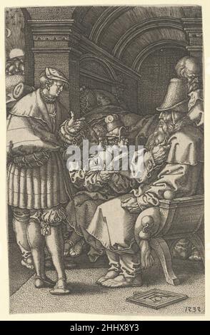 Joseph expliquant ses rêves à Jacob, d'après l'histoire de Joseph 1532 Heinrich Aldeverver German Jospeh, debout à gauche, s'adresse à Jacob, qui est assis à droite et porte un grand chapeau.Derrière eux, deux figures assises au centre et une figure debout à droite.En arrière-plan, une quatrième figure dans un lit.Basé sur Genèse 39:10.Plaque 1 d'une série de trois gravures..Joseph expliquant ses rêves à Jacob, de l'histoire de Joseph 428006 Banque D'Images