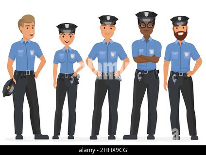 Groupe de policiers de sécurité de caricature. Femme et homme police flip personnages vectoriels Illustration de Vecteur