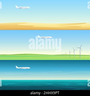 Magnifiques bannières horizontales minimalistes paysages avec des avions volant sur le terrain, la mer et le désert Illustration de Vecteur