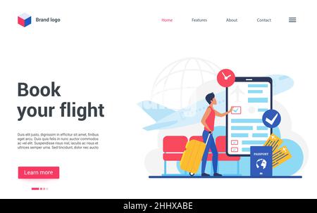Page d'arrivée conception de site Web, personnage de bande dessinée voyageur réservation de billets d'avion en ligne, en utilisant l'application pour smartphone mobile pour l'enregistrement.Voyages d'affaires Illustration de Vecteur