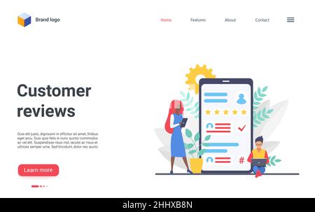 Personnage de client de dessin animé laissant des étoiles d'évaluation, des commentaires personnalisés en ligne, bonne ou mauvaise expérience.Consultation de la page de renvoi des médias sociaux, du site Web de l'interface Illustration de Vecteur