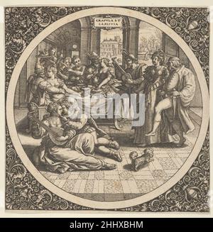 Scène avec les Galants à un banquet dans un cercle au Centre 1580–1600 Theodor de Bry Netherlandish Une scène avec des couples de cavore avant un banquet, contenu dans un cercle au centre.À droite, un couple avec l'homme tenant un couteau marche à gauche avant un joueur de luth.En bas à gauche, un couple assis avec la femme jouant le luth.Autour du cercle central, des motifs floraux ornementaux avec des lapins grotesque émergent des tendriles à défilement dans les coins supérieur et inférieur gauche.La scène dans le cercle est une copie inversée après une impression de Jan Sadeler, d'après Maarten de vos (Hollstein 558).Scène avec les Galants à une Ban Banque D'Images