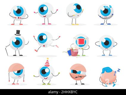 Dessin animé mignon drôle boule d'oeil émoticône personnage pose ensemble Illustration de Vecteur