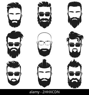 Les visages chics et chics de taille basse avec différents styles de coupe de cheveux, moustaches, barbes, avatar noir de lunettes de soleil, emblème, illustration vectorielle d'étiquette Illustration de Vecteur