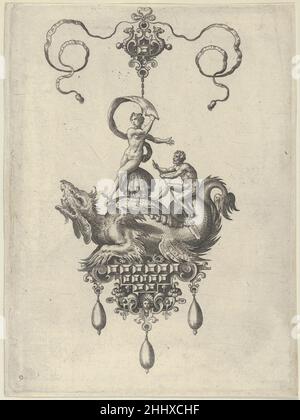 Pendentif conception avec un monstre de mer ailé portant Vénus Anadyomene sur une carapace et un homme avec un OAR 1582 Adriaen Collaert Netherlandish panneau vertical avec un pendentif en forme de monstre de mer portant Neptune,qui est assis sur une carapace et tient une voile dans sa main droite, et une figure masculine avec un oar.L'ornement est suspendu d'un petit motif bijoux attaché avec un ruban au dessus.Plaque 9 d'une série de dix plaques avec pendentif en forme de monstres marins.La série, connue sous le nom de Designs for Pendentifs II, a été gravée par Adriaen Collaert, d'après les dessins de son père, Jan Collaert I, W Banque D'Images