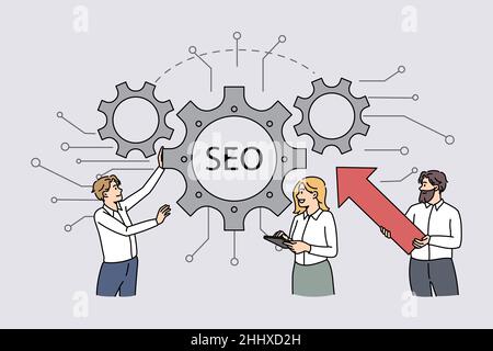 Optimisation SEO et concept de stratégie.Groupe de gens d'affaires équipe collègues debout regardant les flèches d'engrenages avec le lettrage Seo dans l'illustration du vecteur du milieu Illustration de Vecteur