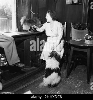 Et si vous allez faire une belle promenade près de la rivière.Mme Dorothy Crispin propriétaire de l'hôtel White Cross, Richmond, Surrey, vu ici avec son chien de Poméranie, jouissant d'une vue sur la rivière depuis l'hôtel le 12th mai 1954 Banque D'Images