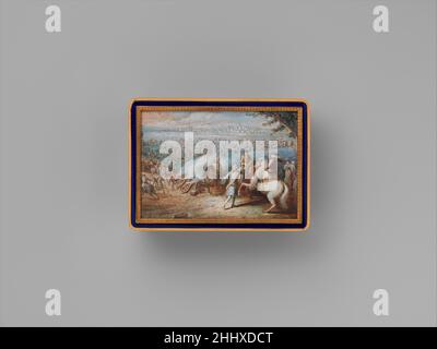 Snuffbox avec quatre scènes maritimes; Louis XIV traversant le Rhin en 1672 1798–1838 Adrien Jean Maximilien Vachette Français en Europe du XVIIIe siècle, Paris a dirigé la production de biens de luxe de haute qualité.Les orfèvres parisiens ont fabriqué une large gamme de petits articles personnels tels que des boîtes à tabac, des études pour contenir de la cire d'étanchéité, des pinces à épiler ou des ustensiles de couture, des souvenirs qui contenaient de minces comprimés d'ivoire pour la prise de notes et des navettes pour la couture de dentelle nouée.Des boîtes à tabac et des boîtes en or décorées de miniatures de portrait étaient prisées et souvent données comme cadeaux royaux, souvent à des ambassadeurs ou des membres de la co Banque D'Images