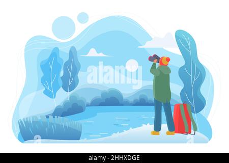 Homme voyageur avec jumelles illustration vectorielle plate.Personnage de dessin animé amoureux de la nature.Homme regardant le paysage par temps froid d'hiver.Observation de la faune Illustration de Vecteur