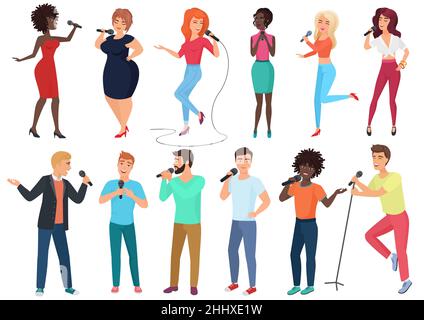 Les chanteurs de dessins animés vectoriels avec microphones et musiciens sont isolés. Des personnes chantant des chansons Illustration de Vecteur