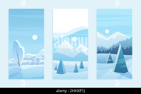 Ensemble d'illustrations vectorielles pour carte de vœux de Noël en paysage.Dessin animé bois de gel mignon avec des pins géométriques sous la neige, bleu des montagnes plates sur l'horizontale Illustration de Vecteur