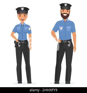 Deux jeunes policiers heureux, homme et femme ont isolé l'illustration vectorielle de dessin animé Illustration de Vecteur