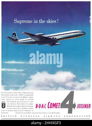 1959 Publicité britannique pour BOAC présentant la de Havilland Comet 4. Banque D'Images