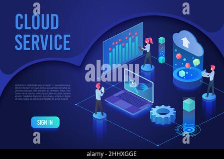 Service cloud, base de données, chiffrement, lampe au néon ultraviolet, modèle isométrique de page d'arrivée Illustration de Vecteur