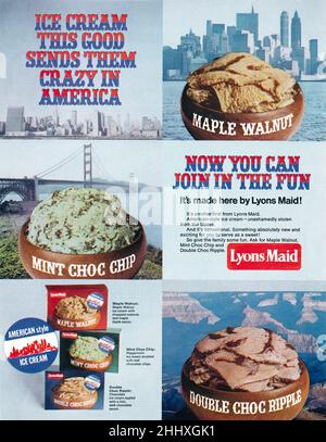 1968 publicité britannique pour la glace Lyons Maid de style américain, y compris le noyer d'érable, la puce de chocolat à la menthe et les saveurs d'ondulation de chocolat double. Banque D'Images