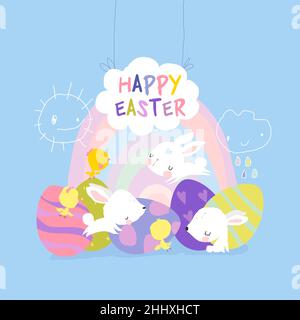 Lapins de Pâques mignons et œuf de Pâques.Joyeuses fêtes Illustration de Vecteur
