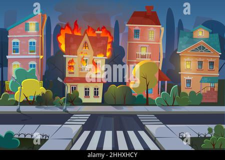 Feu dans le bâtiment de la ville, maison de séjour panorama avec des appartements en feu à l'intérieur la nuit Illustration de Vecteur