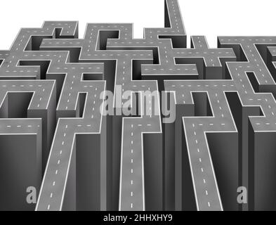 Le concept de décision de voie et le choix du bon chemin comme un concept d'affaires ou la résolution d'un défi comme un symbole de route de métaphore de stratégie comme un labyrinthe. Banque D'Images