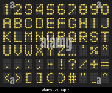 Modèle d'alphabet vert d'horaire.Affichage LED lettres majuscules, tableau électronique, chiffres et symboles.Police numérique vectorielle.Horaire de l'aéroport style Ty Illustration de Vecteur