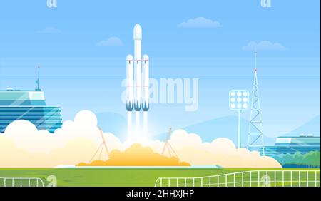 Lancer l'illustration du vecteur fusée.Navette de recherche à plat de dessin animé, décollage d'un porte-fusée lourd, station de vaisseau spatial ou engin spatial lancé sur Terre Illustration de Vecteur
