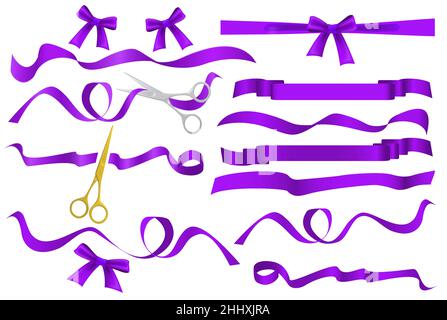 Ciseaux en métal chromé et doré coupant le ruban de soie violet violacé.Cérémonie d'ouverture réaliste symboles rubans et ciseaux ensemble.Grand Illustration de Vecteur
