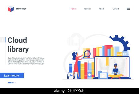 Dessin animé plat de minuscules personnes lisant des livres en ligne et des informations de données d'apprentissage, la conception de page d'arrivée pour la bibliothèque de fichiers numériques, l'éducation mobile, web datab Illustration de Vecteur