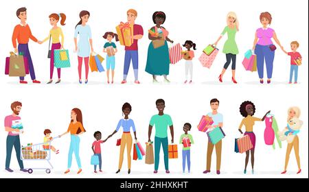 Caricatules transportant des sacs d'achats. Personnages hommes, femmes et enfants. Vente saisonnière en magasin, en magasin, dans un centre commercial. Illustration vectorielle Illustration de Vecteur