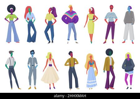 Groupe de minimalistes abstraits de la mode rétro personnes portant des vêtements vintage. Hommes et femmes dans les années 60, 70, les vêtements de style 80 à la boîte de nuit rétro vecteur Illustration de Vecteur