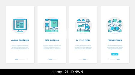 Achat en ligne, illustration du vecteur de service après livraison.UX, ensemble de pages d'application mobile d'intégration d'interface utilisateur avec résumé de livraison de commandes par l'entreprise Illustration de Vecteur