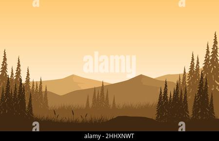 Panorama fantastique sur la montagne avec silhouettes de pins de l'extérieur du village au crépuscule.illustration vectorielle d'une ville Illustration de Vecteur