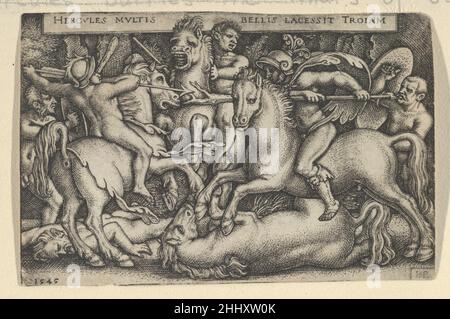 Hercules combattant contre les chevaux de Troie des laboureurs d'Hercules 1545 Sebald Beham German.Hercules luttant contre les chevaux de Troie des laboureurs d'Hercules 415107 Banque D'Images