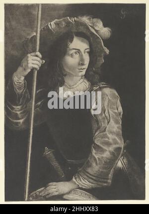 Le Grand Lansquenet ou Standard Bearer 1658 Prince Rupert du Rhin le Prince Rupert du Rhin (fils du Frederick V exilé de Bohême) était l'un des premiers praticiens du mezzotint, et un contributeur vital à son développement.Rupert rencontra Ludwig von Siegen (l'inventeur de la technique) en 1654, mais ne tenta pas ses propres mezzotints avant 1657.Il a réalisé cet imprimé impressionnant l'année suivante.Il a commencé par poncer sa plaque avec un hatcher à bords dentelés (un prototype du mezzotint moderne 'rocker') pour faire les lignes d'ombrage parallèles en haut à gauche de la feuille, et le to Banque D'Images