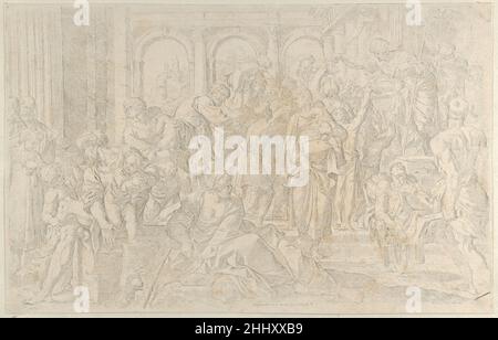 Saint Roch à droite distribuant des almes à un groupe de personnes rassemblées autour de lui, après Annibale Caraci 1590–1610 Francesco Brizio Italien preuve d'une gravure de Brizio après un tableau d'Annibale Caraci situé à Dresde.Le verso n'est pas visible car l'impression est posée sur une autre feuille de papier.Saint Roch à droite distribuant des almes à un groupe de personnes rassemblées autour de lui, après Annibale Caracci 668916 Banque D'Images