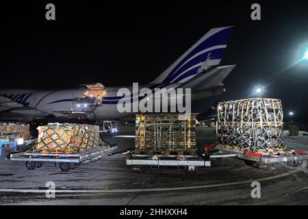 RÉGION DE KIEV, UKRAINE - le 25 JANVIER 2022 - le nouveau lot d'aide militaire des États-Unis est arrivé à l'aéroport international de Boryspil, dans la région de Kiev, dans le nord de l'Ukraine.Credit: UKRINFORM/Alamy Live News Banque D'Images