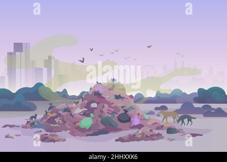 Odeur de cliquetis dans la décharge de déchets, avec chats et chiens et horizon urbain sur l'illustration vectorielle d'arrière-plan Illustration de Vecteur