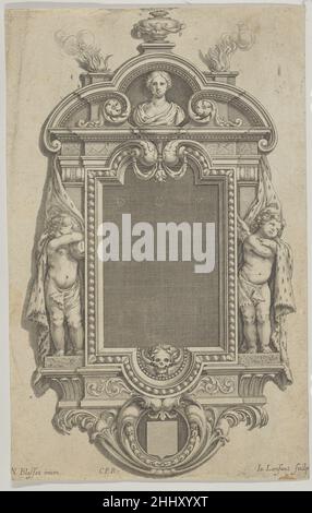 Design pour un épitaphe 1660 Jean Lenfant French imprimé avec un dessin du sculpteur français Nicolas Blasset pour un épitaphe mural avec un buste femelle et deux pleurs en forme de putti ailé ou d'anges.Divers monuments funéraires de Blasset ont survécu, mais cette conception semble être un modèle générique qui pourrait être utilisé par des collègues.Au centre, un grand compartiment est laissé libre à l'endroit où l'inscription peut être ajoutée, et sous le compartiment, un bouclier vierge indique où une blason peut être placée.L'impression a été acquise dans le cadre d'un portefeuille contenant des dessins et Banque D'Images